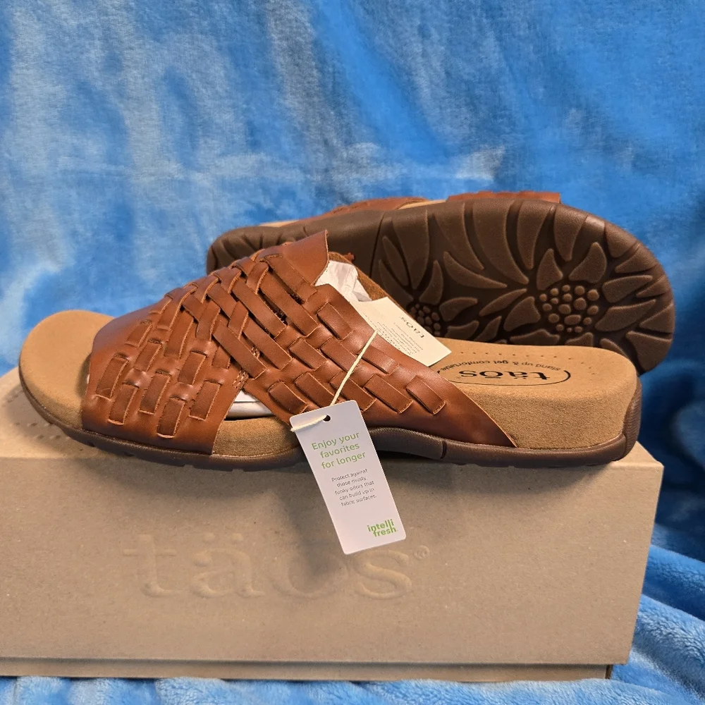 Taos Footwear Cognac Tan Woven Leather Slide Sandal